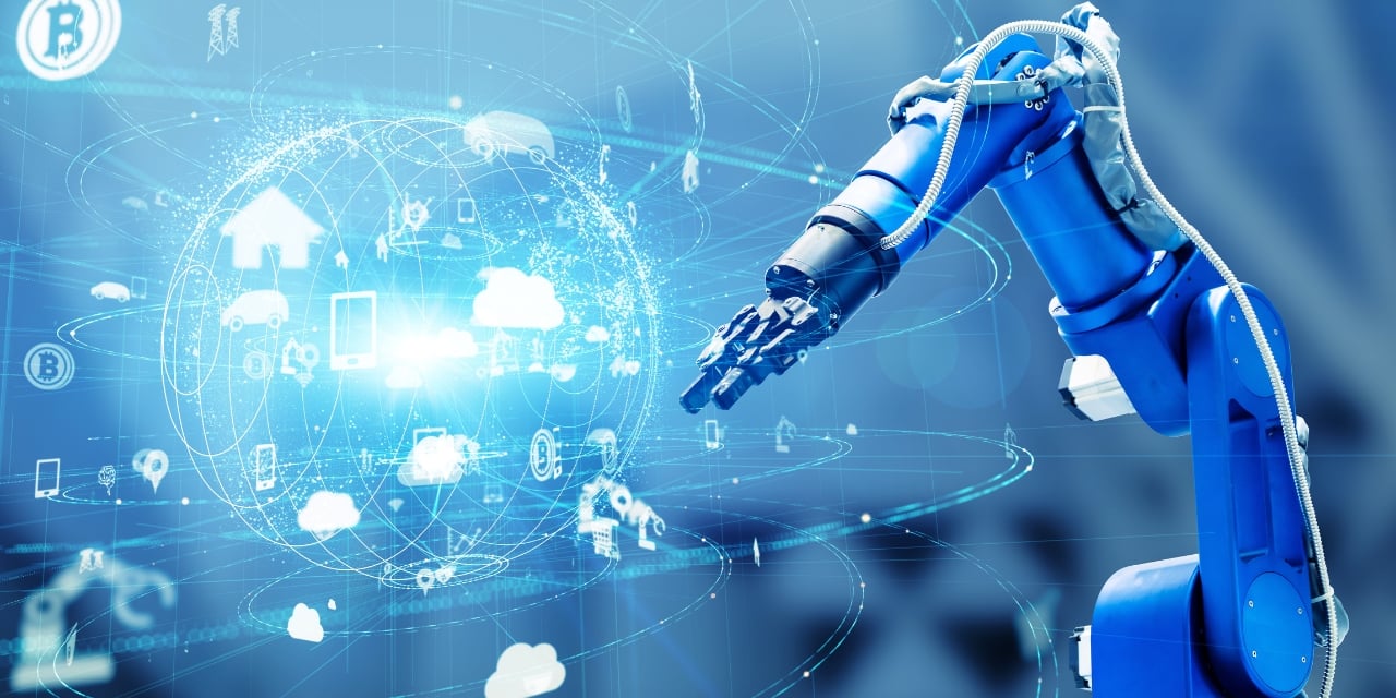 Industrial robotic arm with an abstract globe image floating over image.